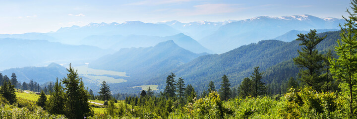 Panoramic view of the mountain valley from the pass