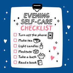 Cute funny evening self-care to do list, checklist. Vector hand drawn cartoon kawaii character illustration icon. Evening Self-care checklist sticker, card, poster concept