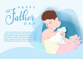 father kiss and feeding milk his baby in cartoon character with with Father day's wording and example texts on abstract shape and light blue background. Greeting card of Father's day in vector design.