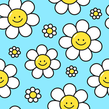 Cute funny smile flowers on blue background seamless pattern. Vector flat cartoon kawaii character illustration icon design. Positive smile flowers seamless pattern concept