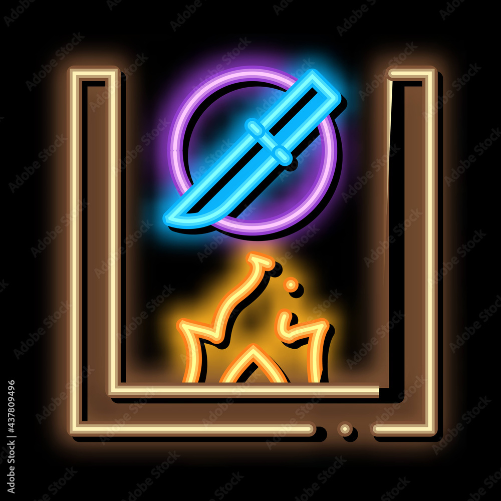 Sticker Knife Fireplace neon light sign vector. Glowing bright icon Knife Fireplace sign. transparent symbol illustration