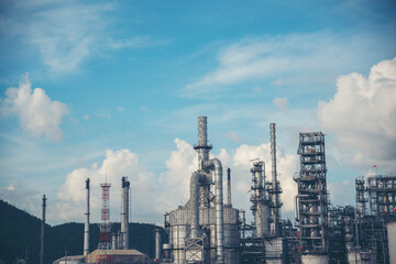 Oil refinery gas petrol plant industry with crude tank, gasoline supply and chemical factory. Petroleum barrel fuel heavy industry oil refinery manufacturing factory plant. Refinery industry concept