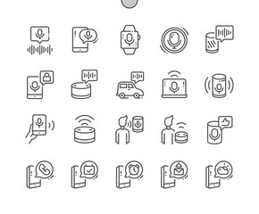 Voice Assistant. Smartwatch, smartphone and smart column. Help, wireless, app, communication, online, application, gadget. Pixel Perfect Vector Thin Line Icons. Simple Minimal Pictogram
