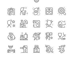 Pneumonia. Pulmonary infection. Listen to lungs. Cough, treatment and pills. Health care, medical and medicine. Pixel Perfect Vector Thin Line Icons. Simple Minimal Pictogram
