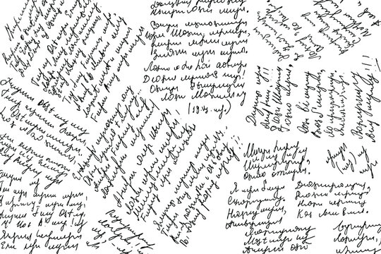 The grunge texture of an illegible handwritten verse text in a scatter. Poems, handwritten text, illegible and careless. Background. Vector illustration. Overlay Template