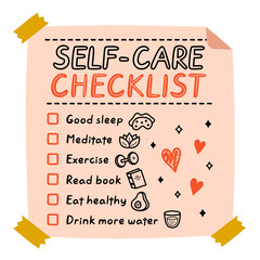 Cute funny self-care to do list, checklist. Vector hand drawn cartoon kawaii character illustration icon. Self-care checklist sticker, card, poster concept