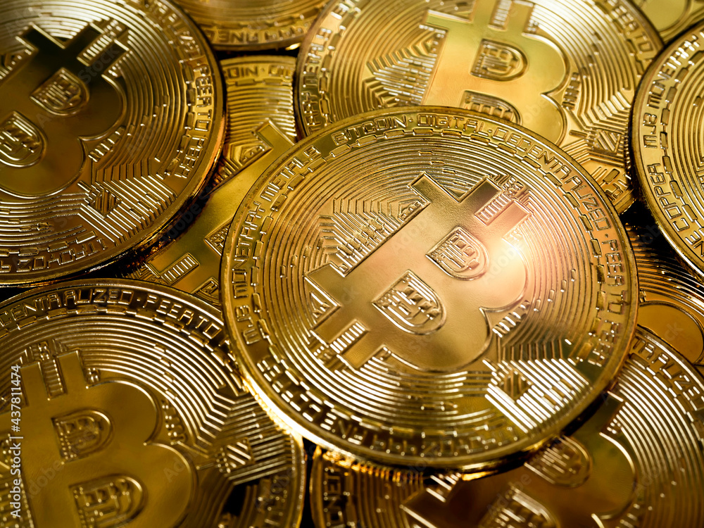 Poster bitcoin technology background. close up pile of golden bitcoin on dark background with copy space, c