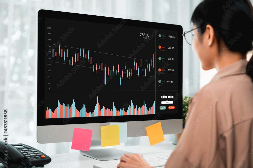 Poster stock exchange market concept, business people trader looking computer with graphs analysis candle l