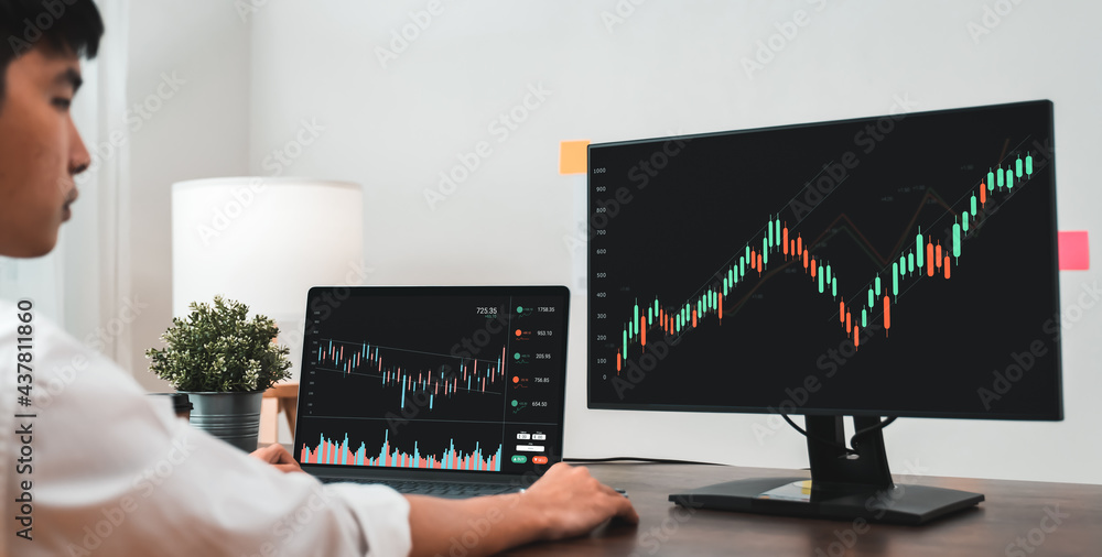 Aufkleber stock exchange market concept, business people trader looking computer with graphs analysis candle l