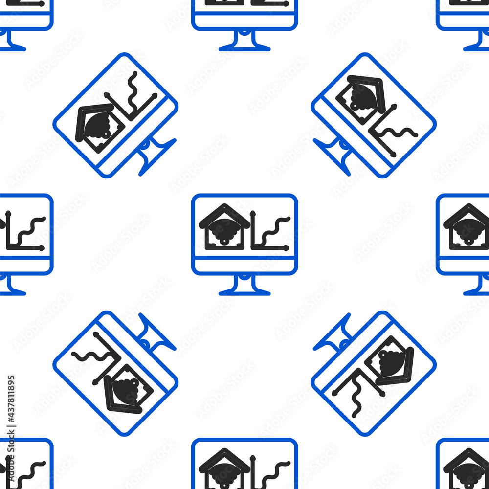 Poster Line Computer monitor with smart home with wi-fi icon isolated seamless pattern on white background. Remote control. Colorful outline concept. Vector