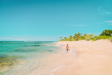 Caribbean beach travel vacation destination woman tourist walking alone on secluded coastline in...