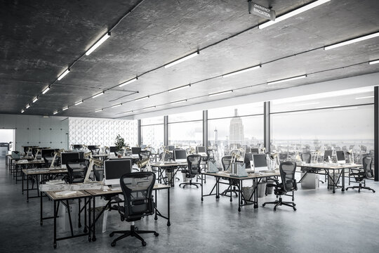 Open Plan Office - black and white 3D Visualization
