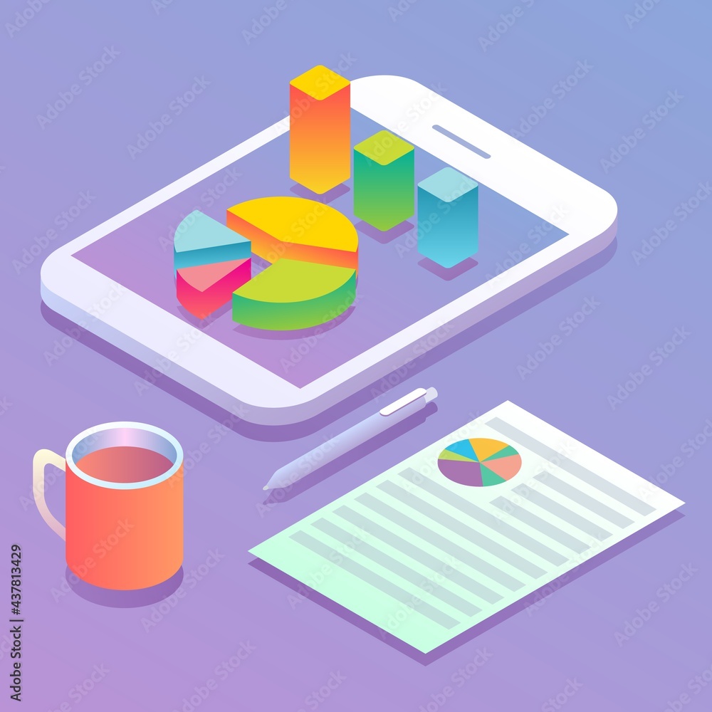 Poster mobile analytics concept flat vector illustration. isometric smartphone with pie chart and bar graph