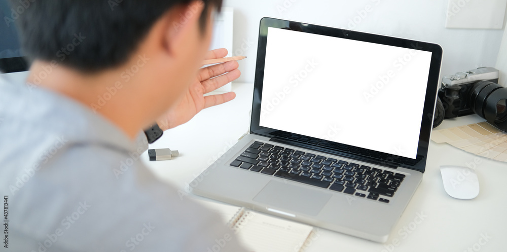 Poster mock up copy space blank screen workspace with computer laptop on table.