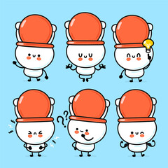 Cute funny happy white toilet bowl set collection. Vector hand drawn cartoon kawaii character illustration icon. Funny cartoon WC, toilet bowl mascot character concept