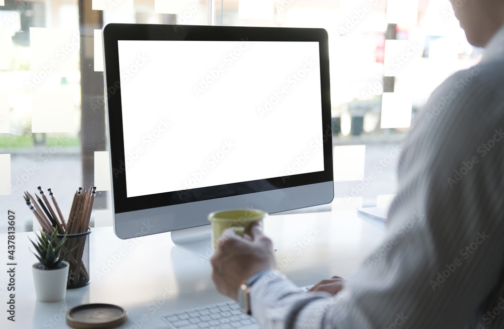 Poster mock up copy space blank screen workspace with computer laptop on table.