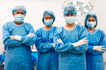 Portrait of professional anesthesiologist doctor medical team and assistant standing with surgery...