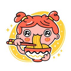 Cute funny girl eat noodles from bowl. Vector hand drawn cartoon kawaii character illustration icon. Isolated on white background. Asian food, japanese,korean noodle mascot cartoon character concept