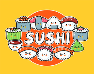 Sushi cartoon logo design. Cute funny sushi set collection. Vector hand drawn line kawaii character illustration icon. Asian food logo template, cartoon card, poster concept © svtdesign