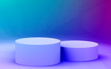 3d purple blue neon light cylinder podium minimal studio gradient dark colors background. Abstract 3d geometric shape object illustration render. Display for nightclub party and technology product.