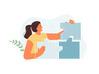 Business girl connects puzzle pieces. Concept of successful problem solving ideas and creativity. Vector illustration