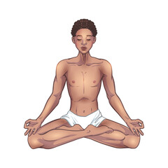 Young meditating yogi man in lotus pose isolated on white. Beautiful black African American boy. Vector illustration - obrazy, fototapety, plakaty