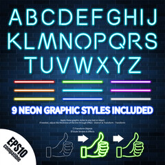 Neon graphic styles collection included in the file, can be applied to any object or text, vector EPS10