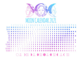 Moon calendar, 2021 year, lunar phases, cycles. Design illustrated with Triple Goddess symbol: Maiden, Mother and Crone. Vector illustration