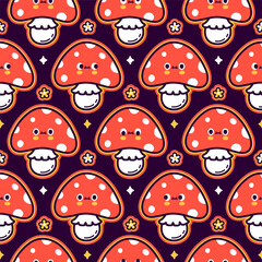 Cute funny amanita mushroom seamless pattern. Vector flat cartoon kawaii character illustration icon design. Trippy amanita mushroom and flowers seamless pattern concept