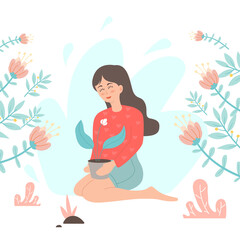 Obraz na płótnie Canvas Woman takes care of plants in flower pots flat cartoon character