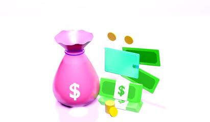 Money 3D on white background, stack of coins and banknotes. banknote and coin in wallet. 3d render illustration.