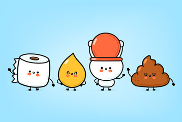 Cute funny happy white toilet bowl,paper roll,urine drop and poop set. Vector hand drawn cartoon kawaii character illustration icon. Funny cartoon WC, toilet bowl mascot character collection concept
