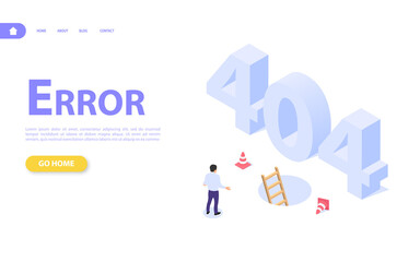 The concept of a web page with an error 404. The man on the background of large letters 404 and the stairs in the pit. Site page not working, loading error.