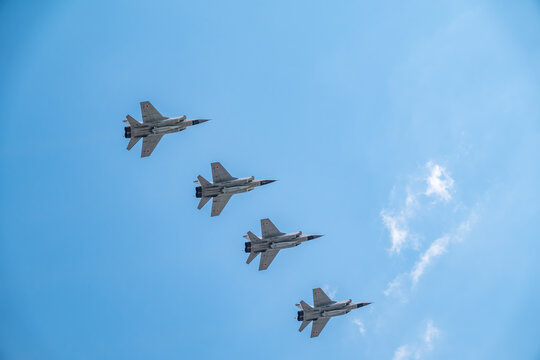 Moscow, Russia - May, 05, 2021: Four MIG-31K with Kh-47M2 Kinzhal missle flying over Red Square during the preparation of the May 9 parade.