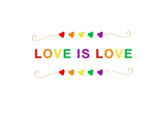 Love is love - LGBT pride slogan against homosexual discrimination. Modern calligraphy with rainbow colored characters. Good for scrap booking, posters, textiles, gifts, pride sets. 