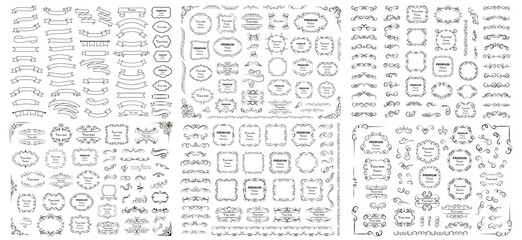 Obraz premium Decorative swirls or scrolls, vintage frames , flourishes, labels and dividers. Retro vector illustration. Big set.