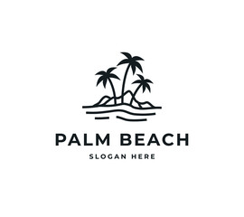 Palm beach vector logo design. Panorama view morning sunrise logo design