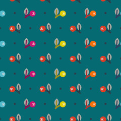 Stylish seamless pattern with colorful berries on the dark turquoise background. Vector ornament for fabric, wrapping and wallpapers.
