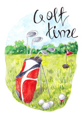 Hand drawn watercolor Golf club and balls in a bag. Lettering Golf Time