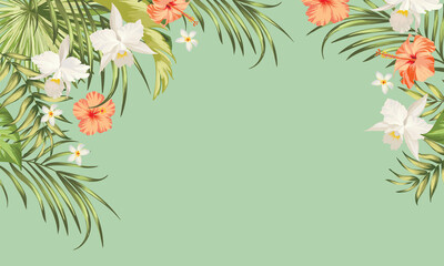 Tropical vector background. Jungle exotic illlustration. Composition with botanic green leaves. Invitation template.