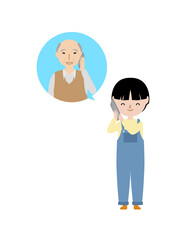 おじいちゃんと電話で話している男の子