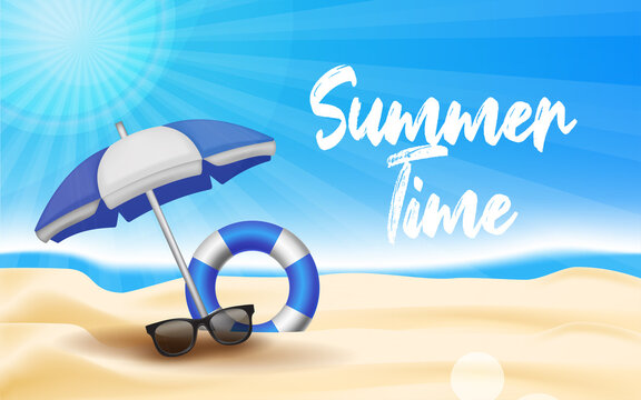 Summer time text with Sea beach background