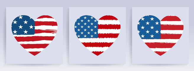 Heart and circle print, silhouette of the flag of America, holiday design component, set
