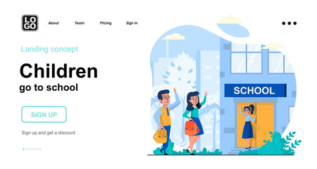 Obraz na płótnie Canvas Children go to school web concept. Schoolchildren go to lessons together. Teacher greets pupils. Template of people scene. Vector illustration with character activities in flat design for website
