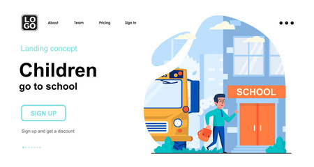 Children go to school web concept. Schoolboy came to school on school bus. Primary education. Template of people scenes. Vector illustration with character activities in flat design for website