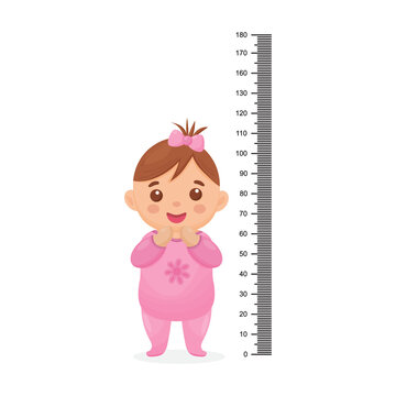 Kids meter wall with a cute cartoon girl and measuring ruler. Vector illustration of an girl isolated background.
