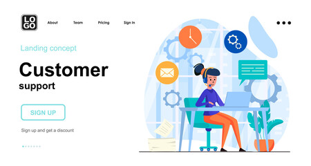 Customer support web concept. Call center operator advises clients, online communication, hotline. Template of people scene. Vector illustration with character activities in flat design for website