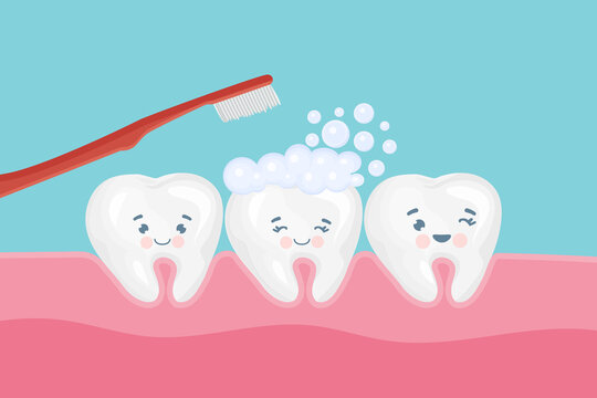 Clean your teeth everyday with toothbrush and toothpaste in flat design. Smiling teeth cartoon dental care. Oral healthcare.