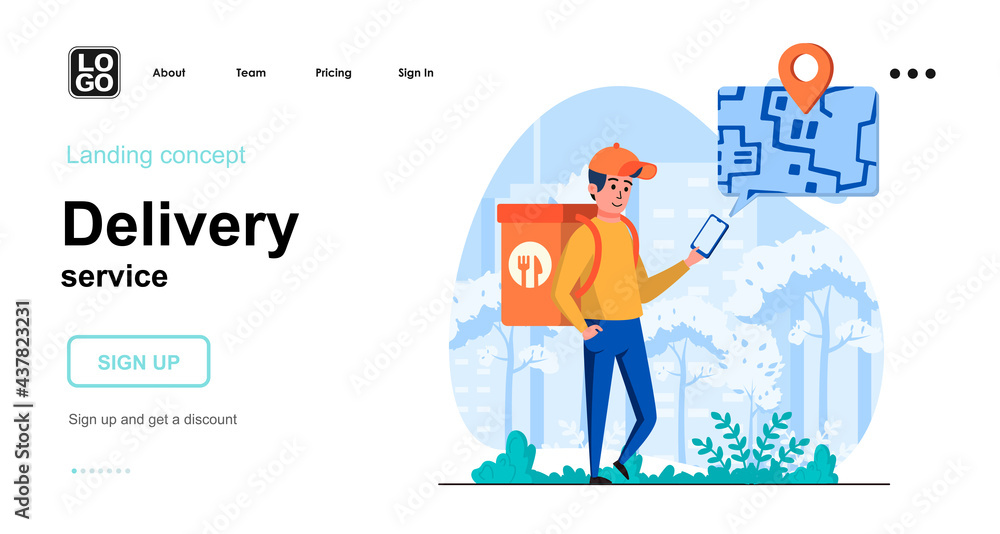 Aufkleber Delivery service web concept. Courier with bag carries food order to client at home, tracking parcel. Template of people scene. Vector illustration with character activities in flat design for website