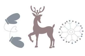 Vector set of christmas icons of deer with snowflakes and mittens for cute postcard, logo, invitations, greeting cards